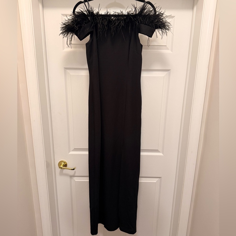 Adrianna Papell Black Feather-Trim Off-Shoulder Maxi Dress